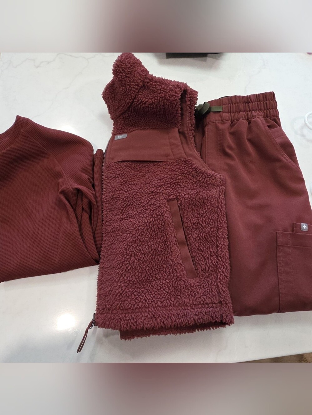 Figs Underscrub Top, Pants & Matching Sherpa Vest Walnut-XS Petite